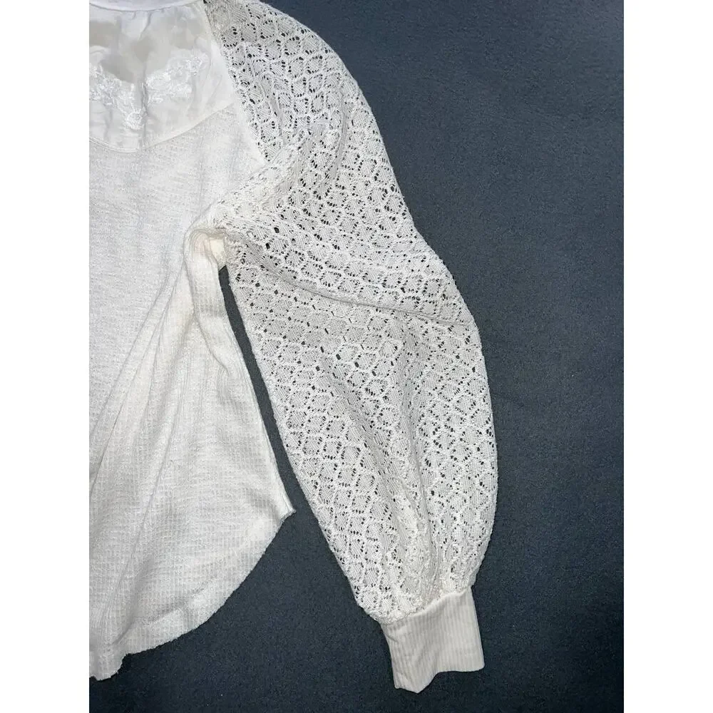 Free People embroidered Y2K Long Sleeve Blouse Mock Neck Ivory Large A010225